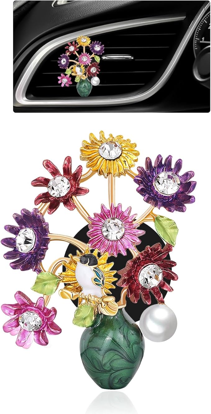 Flower Car Decor,Cute Dasiy Bird Vase Car Air Freshener Vent Clip,Bling Alloy Colorful DashBoard Vent Decorations Aesthetics for Women,Refillable Aroma Diffuser