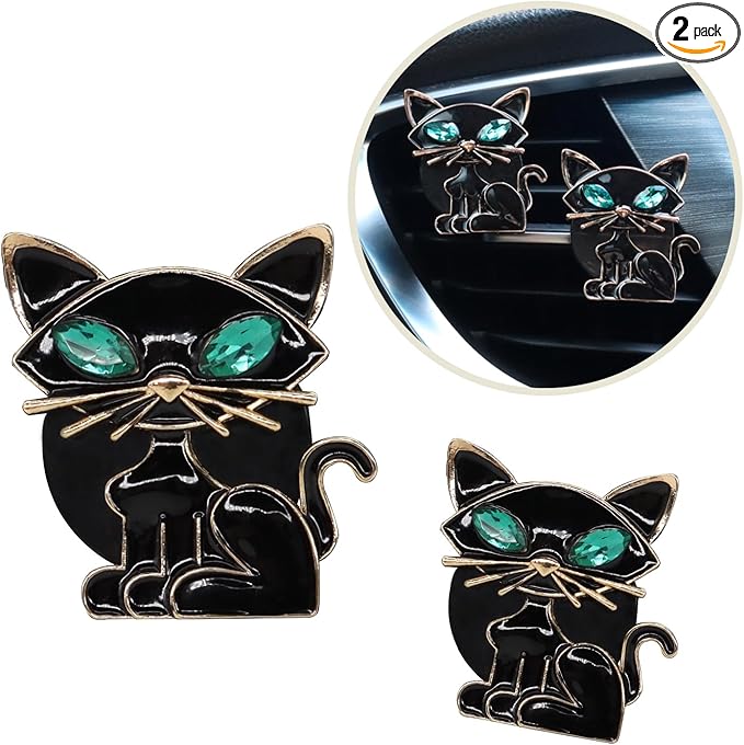 Cat Car Accessories 2pcs Black Cat Car Air Freshener Vent Clips Black Interior decoration for Women Teens Refillable Essential Oil Diffuser Bling Rhinestone