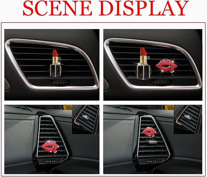 Car Air Vent Clips Red Lips, Rhinestone Lipstick Charms for Auto Diffuser Vent, Bling Diamond Decorations for Air Conditioning Outlet, Universal Vehicle Interior Accessories for Women Girls