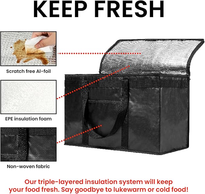 NZ home Insulated Bags for Food Delivery (2XL PRO) Grocery Shopping Cooler Bag, Pizza Delivery, Hot & Cold Catering Tote, Reusable, Foldable & Heavy Duty (Black)