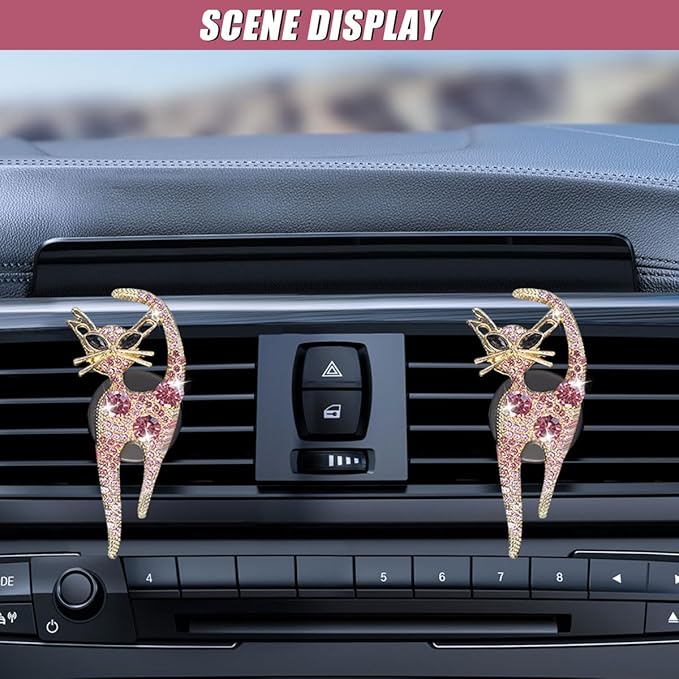 2PCS Car Vent Clips, Bling Cat Air Conditioning Outlet Clip, Crystal Rhinestone Auto Diffuser Perfume Clip, Cute Car Accessories for Women, Vehicle Interior Decoration (Pink)
