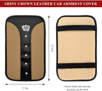 Bling Leather Car Center Console Cover, Anti-Slip Crown Armrest Seat Box Cushion Pad with Rhinestones, Waterproof Crystal Arm Rest Protector Interior Decor for Most Vehicles (Beige)