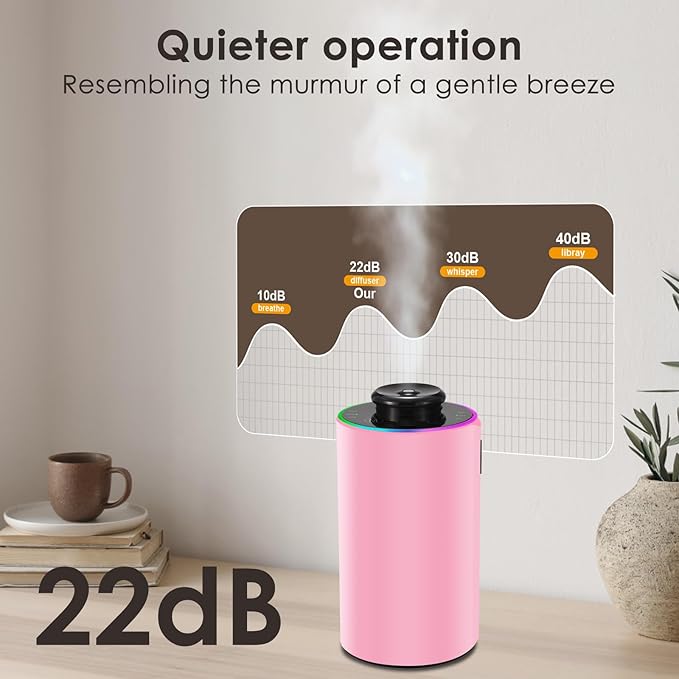 Waterless Essential Oil Diffuser with 8 Color LED Night Light, 3 Mist Levels & Timers, Portable Rechargeable Aromatherapy Diffuser for Home Car Room Studio Office, Black Metal (Pink)