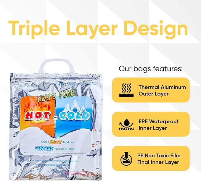 Superio Hot and Cold Insulated Bags for Food Delivery, Grocery Shopping Bags, Food Storage for Hot and Frozen Food for Travel, Disposable Cooler Bag, Reinforced Thermal Lunch Bag (8, 13"x7"x15.5")