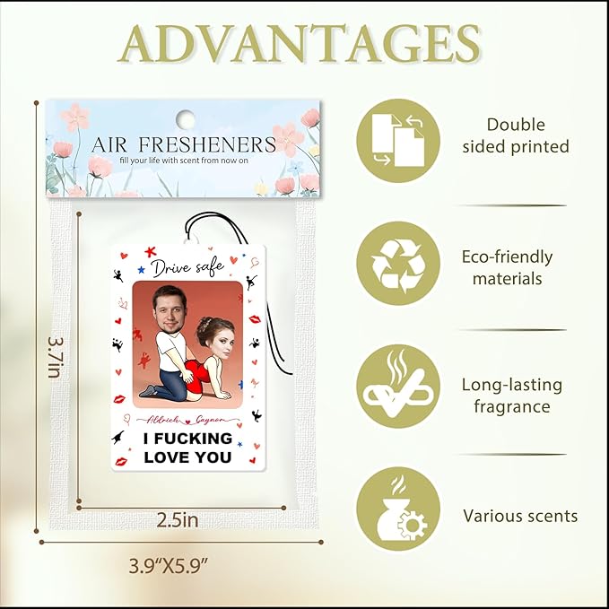 Personalized Valentine's Day Car Air Freshener with Pictures, I Love You, Drive Safe, Fun Couple Gift, Hanging 2Pack