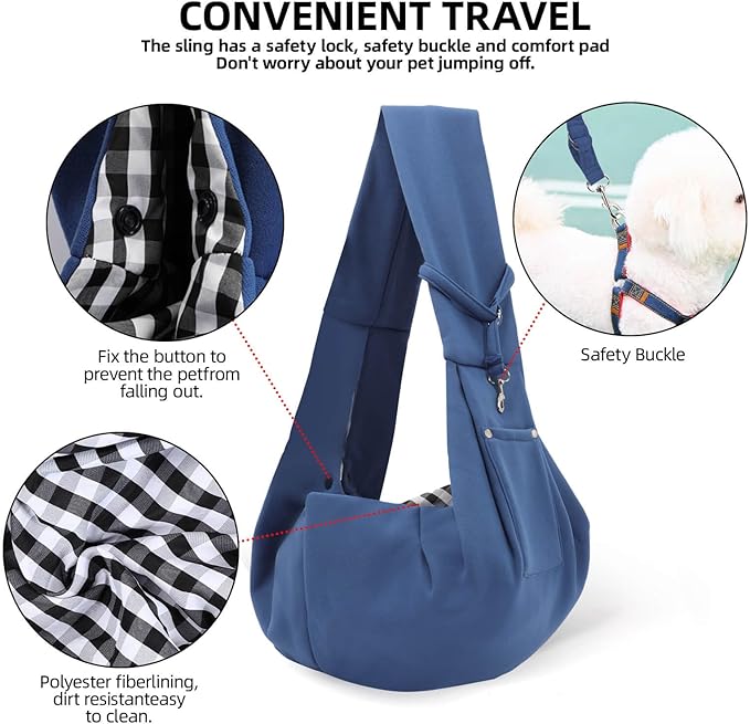 Dog Carrier Sling - Reversible Puppy Carrier Purse with Storage Pocket, Hand-Free Dog Sling Carrier for Carry Small Dogs and Cats, Travel Safety Harness, Dog and Cat Harness (Blue)