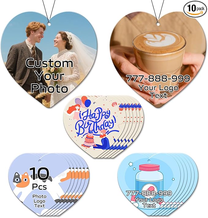 HINFKA 10-1000 Pcs Custom Air Fresheners with Picture – Personalized Double-Sided Car Freshener with Logo or Photo, Bulk Customized Gifts for Business Events and Branding (A04-Heart)