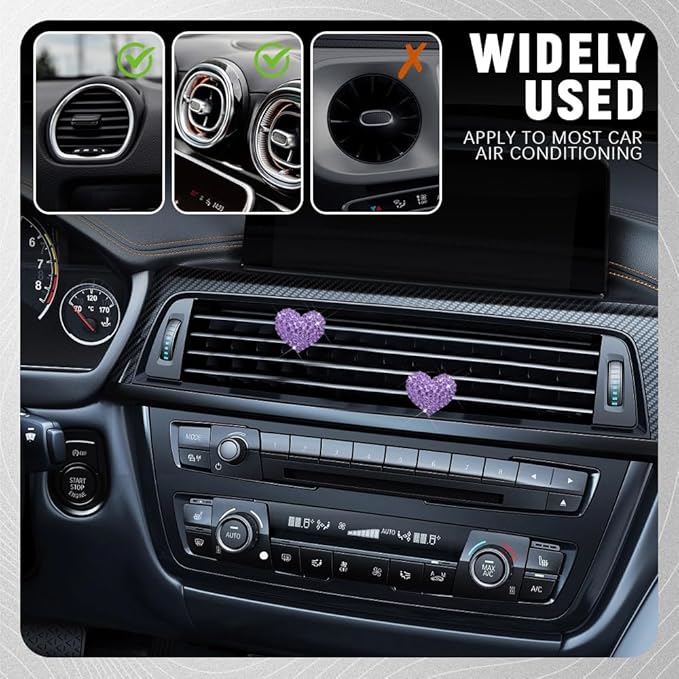 2PCS Bling Heart Air Vent Clips, Heart Shaped Crystal Air Freshener Vent Clips, Rhinestone Air Conditioning Outlet Clip, Universal Interior Decor Car Accessories for Women Girl (Purple)