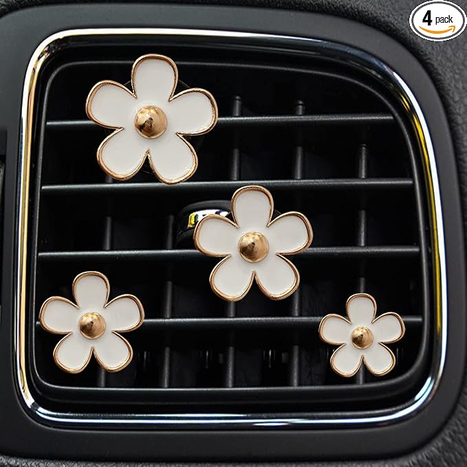 Daisy Air Vent Clips, 4 Pcs Cute Flower Car Air Conditioning Outlet Clip Car Air Freshener Clip Charm Car Inter Decor Accessories for Women (White)