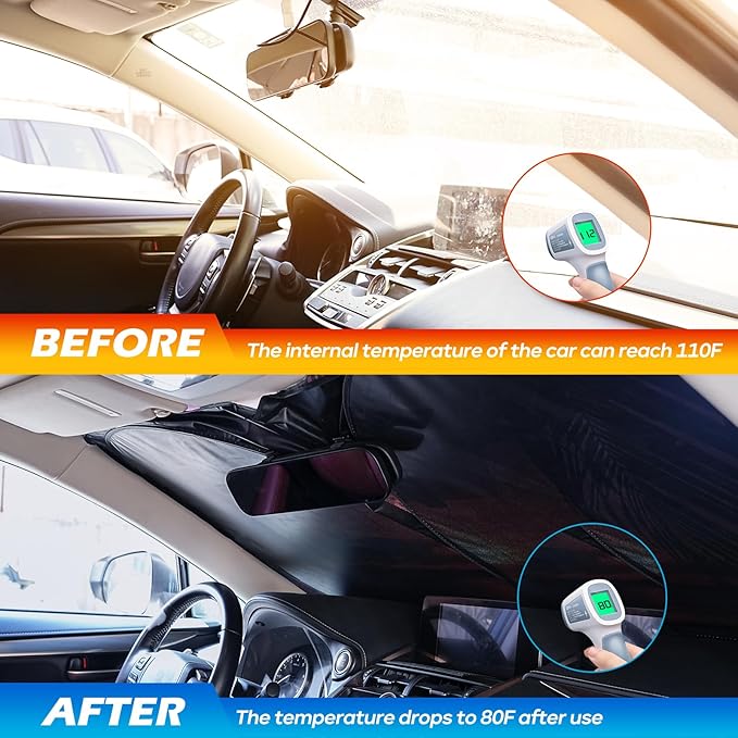 Car Windshield Sun Shade - Reflector Sunshade Offers Ultimate Protection for Car Interior, Cool Reflective Sun Blocker Fits Small Sedans, Mini SUVs