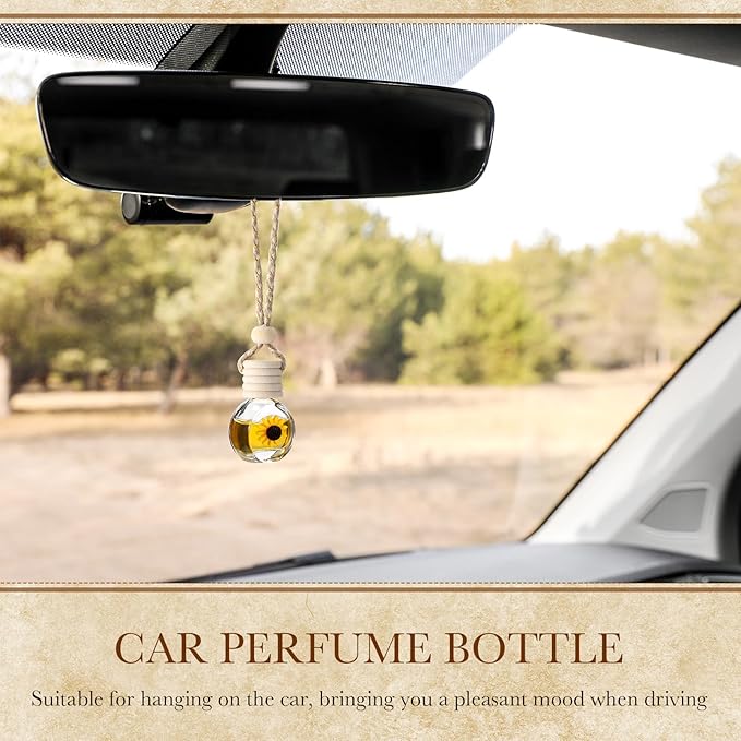 BBTO 50 Pcs Hanging Car Air Freshener Car Diffuser Bottles Empty Glass Perfume Bottle Freshener Diffuser Bottle Pendant for Essential Oil Fragrance Aromatherapy Ornament(Clear,Sunflower)