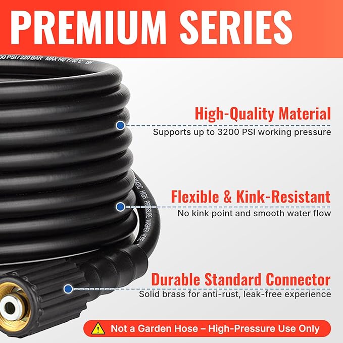YAMATIC Pressure Washer Hose 25FT 1/4" Kink Resistant M22-14mm Brass Fitting 3200 PSI Power Washer Hose Replacement for Ryobi, Troy Bilt, Greenworks, CRAFTSMAN, Black