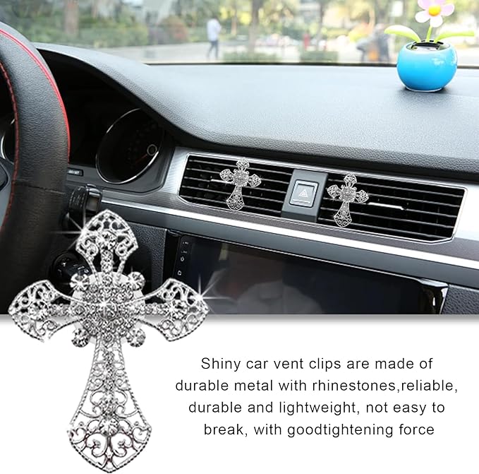 2PCS Bling Car Air Vent Clip, Crystal Cross Air Conditioner Outlet Air Fresheners Vent Clips, Sparkly Bedazzled Decor Rhinestone Cross Diffuser Clip, Interior Car Accessories (Silver)