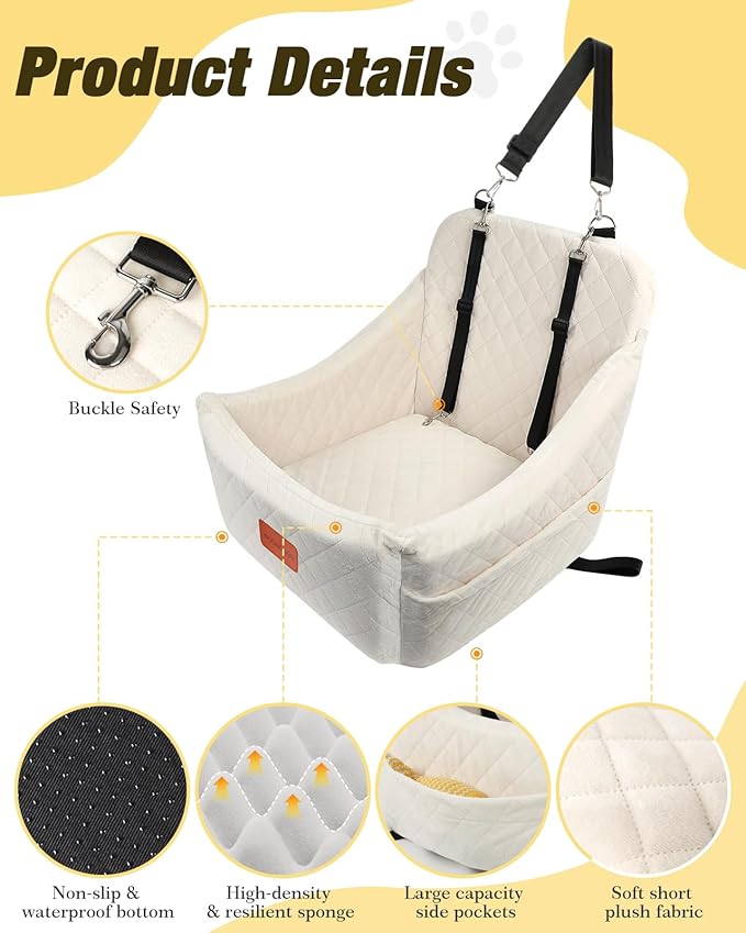 Dog Car Seat for Medium Sized Dog,Pet Travel Car Bed with Seat Belt Channle,Fully Detachable and Washable Car Dog Seat with Adjustable Straps,3 Straps Easy to Install (Beige)