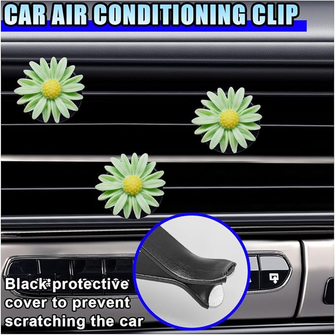 3PCS Daisy Flower Car Dashboard Air Vent Trim Clip, Cute Daisy Air Conditioner Outlet Clip Car Charm for Women, Car Air Vent Clip Auto Interior Decoration for Girls Present (Green)