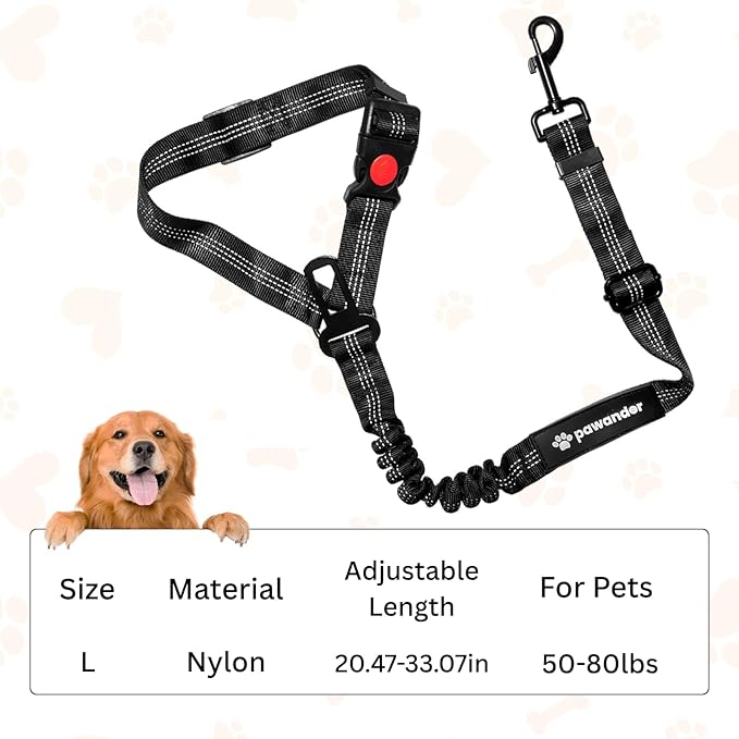 Dog Seat Belt for Car Headrest or Seatbelt Clip, Adjustable Reflective Dog Leash with Elastic Bungee Buffer, Nylon Safety Seatbelt Harness for Medium & Large Dogs (Black)