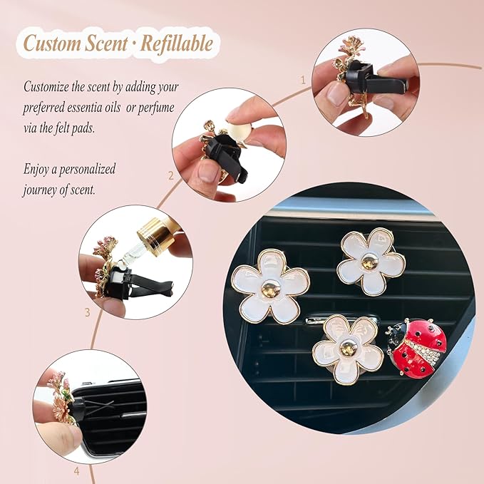 Car Vent Clips,Flowers Ladybug Car Air Freshener,3pcs White Daisy and 1pc Red Ladybug Alloy Car Decor Refillable Diffuser for Women
