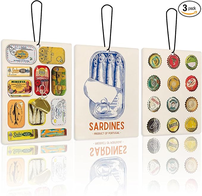 Vintage Sardine Beach Lavender Car Air Freshener 3Pcs, Coastal Ocean Canned Fish Beer Bottle Cap Scents Air Freshener for Women Girls, Beachy Car Accessories Interior Mirror Decor Hanging