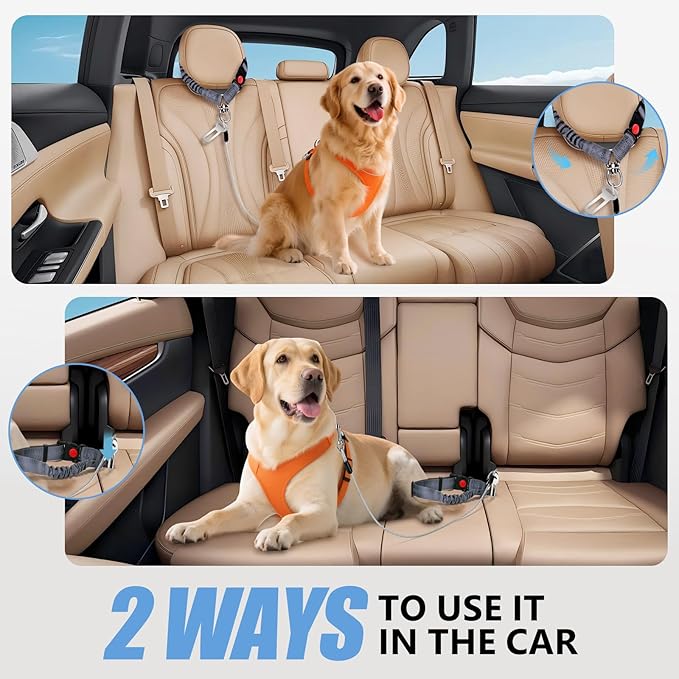 2 Pack Chew Proof Dog Seat Belt with Steel Cable, 2 in 1 Car Harness for Medium & Large Dogs Chewer Heavy Duty Dog Seatbelts