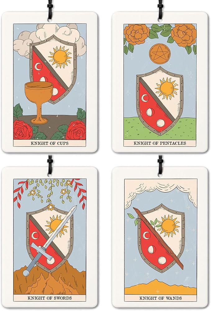 Vintage Boho Witchy Tarot Card Car Air Freshener 4 Pcs, Four Knight Tarot Card Air Freshener Hanging for Cars Books Closet Drawer, Witchy Car Accessories for Women Men