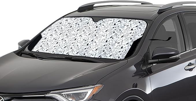 Snoopy Expression Windshield Sunshade + Little Tree Air Freshener Bundle– Universal Fit Windshield Protector for Cars, Trucks & SUVs – Keeps Vehicle Cool & Fresh