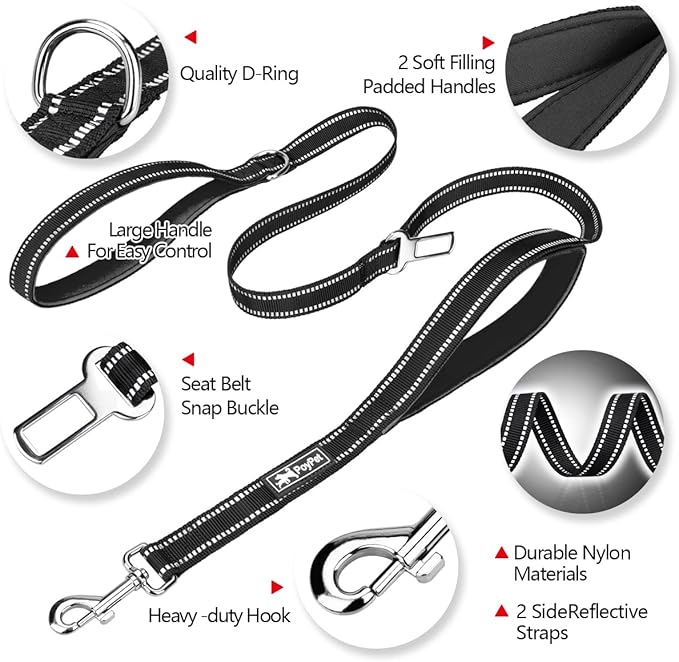 PoyPet 5 Feet Dog Leash - 3M Reflective - 2 Cushioned Handles - Functional Car Seat Belt(Black)