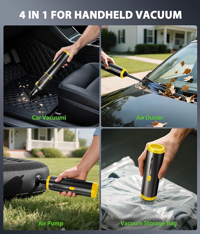 Car Vacuum Portable Cordless Handheld Vacuum Cleaner 4-in-1 Mini Cordless Vacuum with 2 Suction Modes and 16800pa Suction Power Blowing & Inflating 2 Modes Handheld Vacuum for Car, Desk, Keyboards