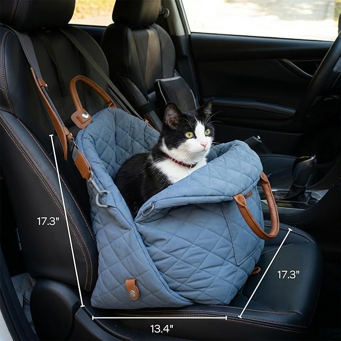 4 Cats & Dogs Mew Mew Travel Pet Bed – Soft Carrier for Small Dogs & Cats, Water-Resistant Quilted Shell, Adjustable Belts for Car Travel, Anti-Slip Bottom, Portable Pet Bed & Travel Bag - Blue Steel