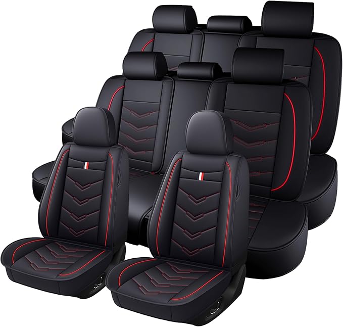 Car Seat Cover 8 Seats for Toyota Highlander 2001-2025, Waterproof Durable Premium Leather Car Seat Protector, Comfortable Anti-Slip Stylish Sport Seat Cover(8 Seats Standard,Black Red)