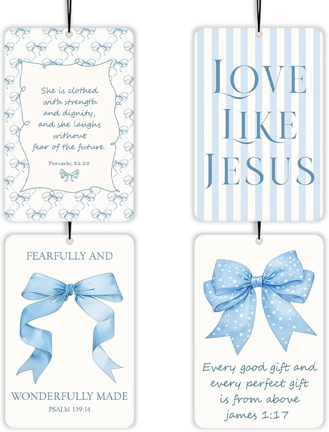 Coquette Blue Bow Christian Lavender Car Air Freshener 4 Pcs, Preppy Girly Bible Verse Air Freshener Hanging Decor for Cars Closet Drawer Books, Christian Accessories Gifts for Women Girls