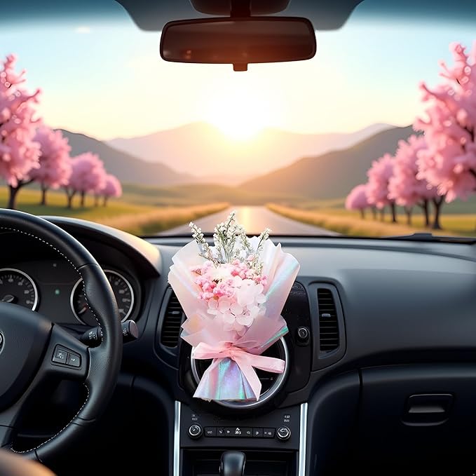 Pink Mini Dried Flowers Bouquet for Car Air Vent Clips, Car Air Outlet Perfume Decoration FlowerVent Clips Air Fresheners Interior Accessories Automotive