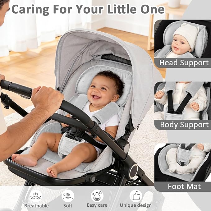Infant Car Seat Insert Head and Body Support Thickened, GFU 3-in-1Reversible Newborn Insert for Carseat with Strap Pads, Soft Stroller Cushion Pillow Insert for Boys and Girls, Grey