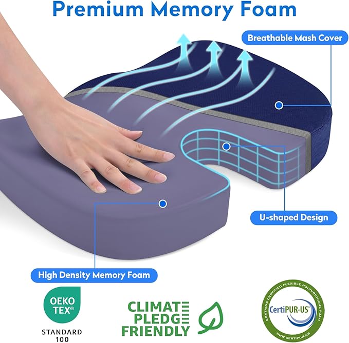 Office Chair Cushions, Memory Foam Coccyx Cushion for Tailbone Pain Office Chair Car Seat, Sciatica, Coccyx, Lower Back Pain Relief (Blue)