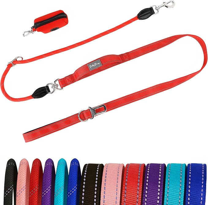 6FT Heavy Duty Dog Leash for Small Medium Large Dogs, Tangle Free Reflective Dog Training Leash with Double Handle, Seat Belt Buckle & Poop Bag Holder (Red)