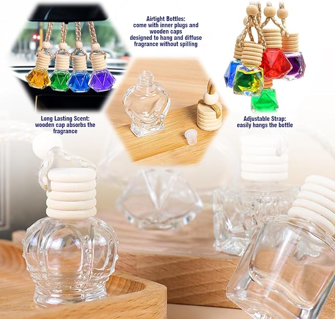30 Pcs Clear Glass Car Air Freshener Diffuser with Wooden Caps & Hanging String, Empty Essential Oil Bottles Aromatherapy Fragrance Perfume Vials Holder for Car Decor