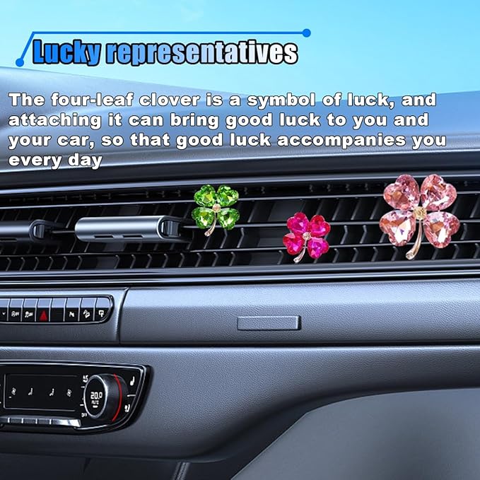3PCS Bling Four Leaf Clover Car Dashboard Air Vent Trim Clips, Crystal Rhinestone Auto Air Fresheners Outlet Clips, Cute Car Interior AC Decoration Accessories for Women (Big Pink/Small Rose & Green)