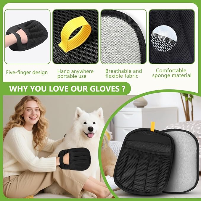 Electrostatic Pet Hair Remover Glove for Dogs and Cats (2Pcs) Reusable Brush Pet Hair Removal Glove for Furniture, Car Interiors, Bedding & Clothing