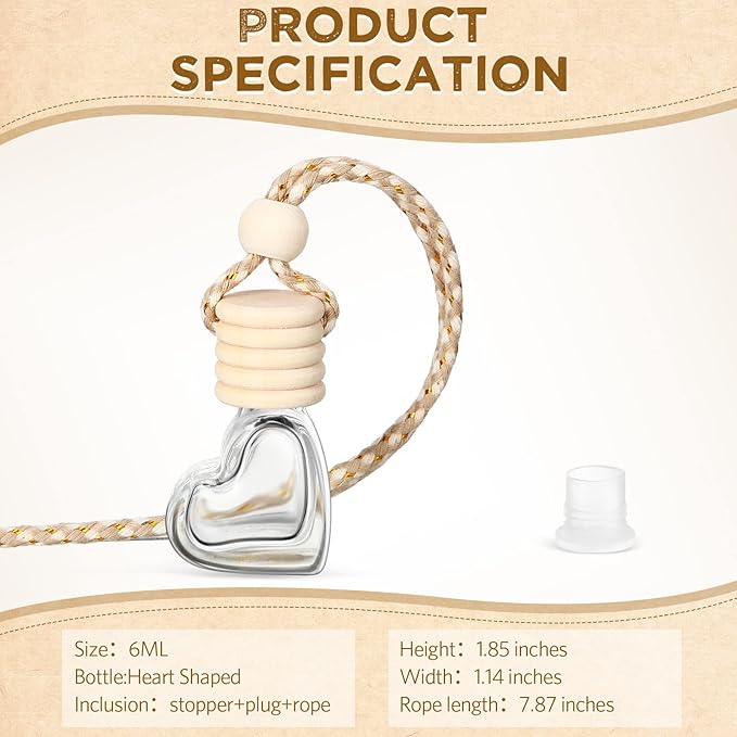 100 Pcs 6ml Hanging Car Diffuser Bottle Empty Glass Perfume Air Freshener Heart Love Bottle Diffuser Pendant Valentine's Day Essential Oil Fragrance Aromatherapy Ornament (Clear)