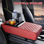Car Center Console Armrest Pillow, 13.19"×7.87" Leather Car Arm Rest Cover, Memory Foam Auto Armrest Cushion with Cup Holder Phone Slot, Universal Vehicle Middle Console Cushion Pad (Wine Red)