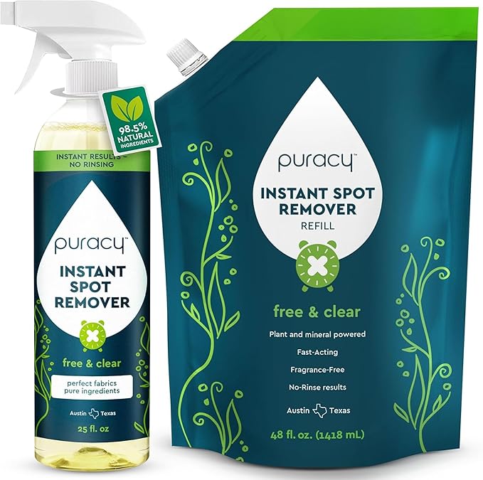 Puracy Instant Spot Remover for Clothes - Cleaning Spray, Stain Spray - Car Cleaner, Carpet Cleaning Solution, Couch Stain Remover - Free & Clear, 25 + 48 Fl Oz