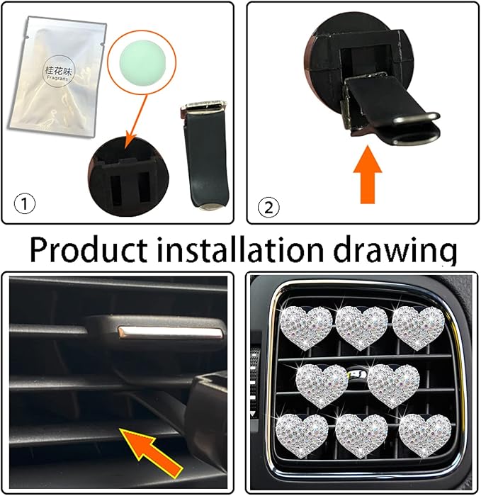 8 Pcs Bling Heart Air Vent Clips, Crystal Car Fresheners, Diffuser With Rhinestone Decoration, Cute Interior Accessories for Women Girls (Silver)