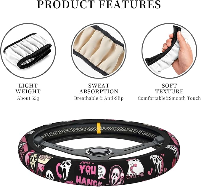 Halloween Ghost Steering Wheel Cover Car Accessories for Men Women with 2 Air Freshener, 15 Inch Anti-Slip Steering Wheel Covers Universal Fit