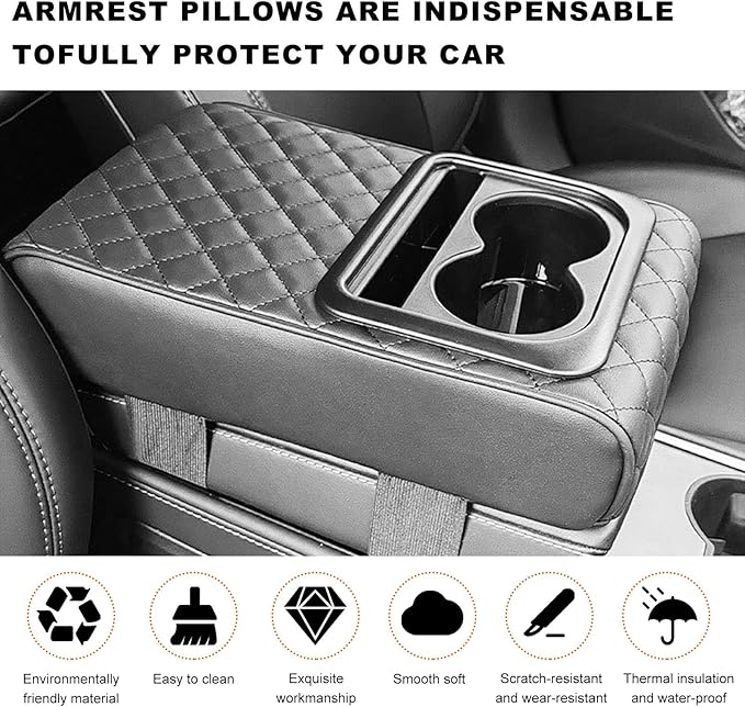 Center Console Armrest Pillow, 14.0"×8.3" Soft Leather Waterproof Armrest Cushion with Cup Holder, Comfy Memory Foam Auto Arm Rest Pad with Storage Bag, Car Accessories (Diamond Pattern)