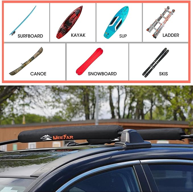 MeeFar Universal Car Soft Roof Rack Pads Luggage Carrier Rack for Kayak Surfboard SUP Canoe Include 2 Heavy Duty Tie Down Straps, 2 Tie Down Rope, 2 Quick Loop Strap
