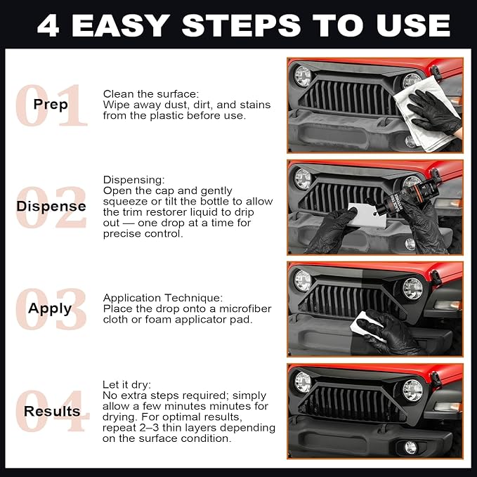 Black Trim Restorer Outdoor-Use Only Restores Deep Black Color in Minutes UV & Water Resistant Long-Lasting Protection for Exterior Plastic, Vinyl & Rubber Glossy Streak-Free Finish 4oz