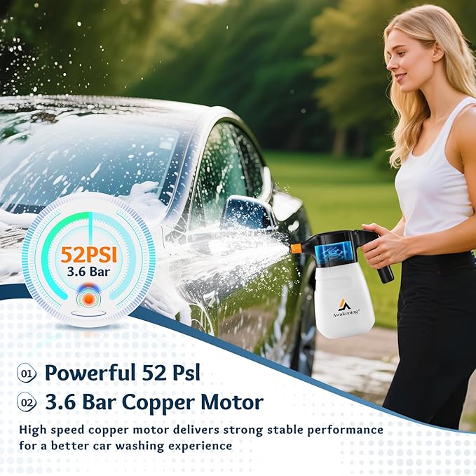 Awakening 2L Electric Foam Sprayer, Waterless Car Wash Kit, 68oz Cordless Rechargeable Battery Foam Blaster, 52PSI Portable Electric Foam Cannon for Auto Car Detailing (White)