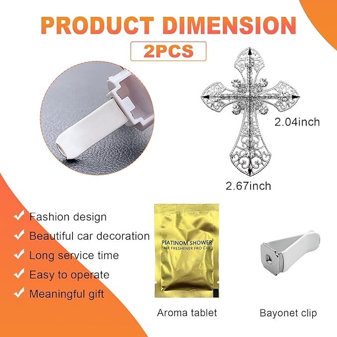 2PCS Bling Car Air Vent Clip, Crystal Cross Air Conditioner Outlet Air Fresheners Vent Clips, Sparkly Bedazzled Decor Rhinestone Cross Diffuser Clip, Interior Car Accessories (Silver)