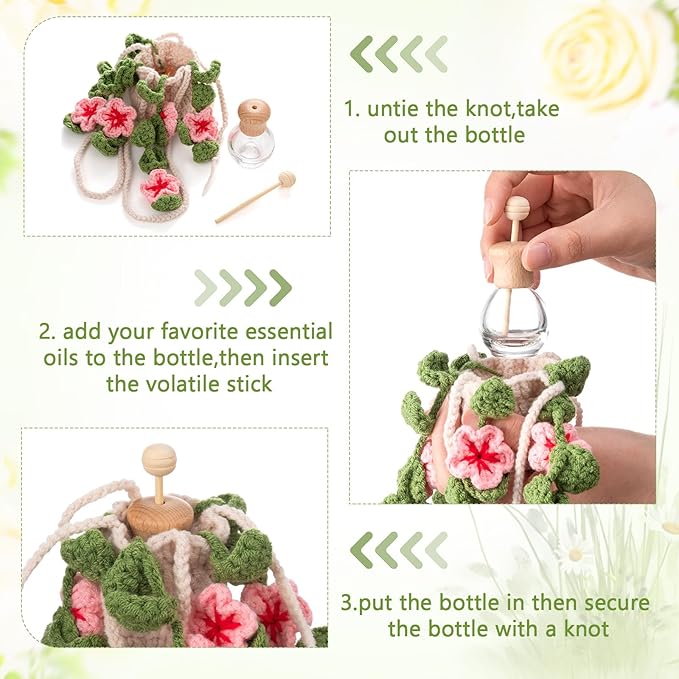 Cute Crochet Plant Car Freshener 12ml Empty Refillable Diffuser Bottle with Plants Hanging Accessories for Rearview Mirror Home Office Decor Women Mother's Day Gifts(Cherry Blossoms)