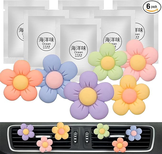 Cute Car Decor Interior Aesthetic Accessories for Women 6pcs Girly Flower Cars Air Freshener Vent Clips for Girls Pink/Purple/Blue/Green/Yellow Boho Scents Decorations Stuff Kawaii Christmas Gifts