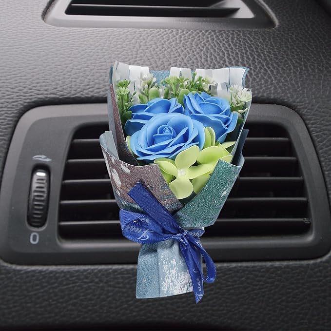 uxcell Sky Blue Small Bouquet Car Air Freshener Vent Clips, Mini Decorative Rose Bouquet with Fragrance Diffuser for Women, Automotive Air Freshener Decoration, Style 1